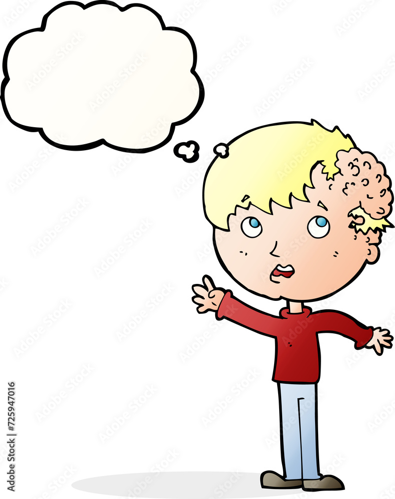 cartoon boy with growth on head with thought bubble cartoon boy with growth on head with thought bubble