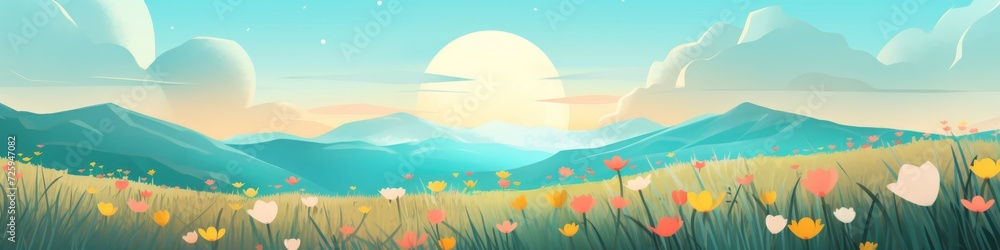 Painting of Field With Flowers and Mountain Background
