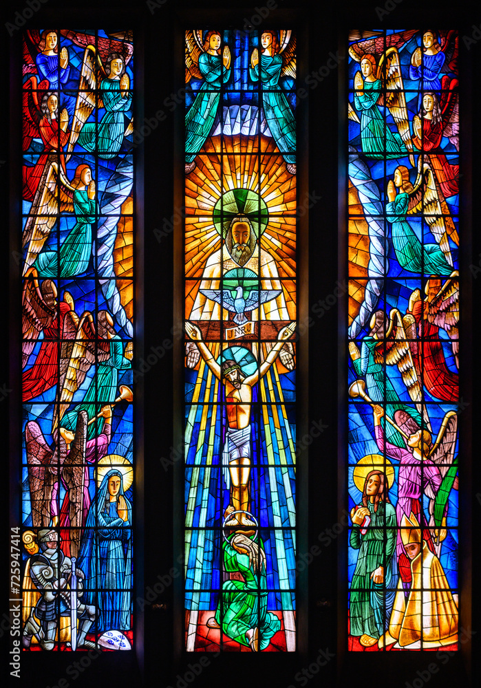 The Holy Trinity. A stained-glass window in Igreja de Nossa Senhora de Fátima, Lisbon.