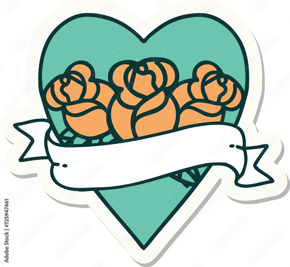 tattoo style sticker of a heart and banner with flowers tattoo style sticker of a heart and banner with flowers