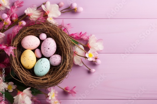 Birds Nest Filled With Eggs on Pink Flowers