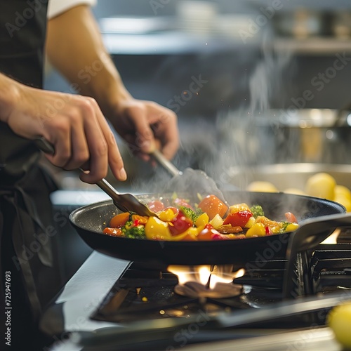 Chef cooking in kitchen, meal preparing