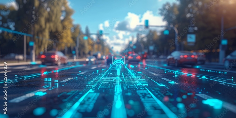Revolutionary Transit: Autonomous Cars Navigate Through a Smart City with Advanced Connectivity, Generative AI - obrazy, fototapety, plakaty 