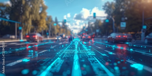 Revolutionary Transit: Autonomous Cars Navigate Through a Smart City with Advanced Connectivity, Generative AI photo