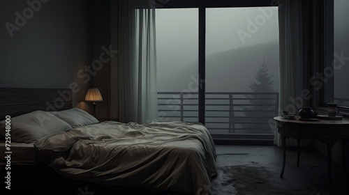 Hotel room at night in the morning. AI generated art illustration.