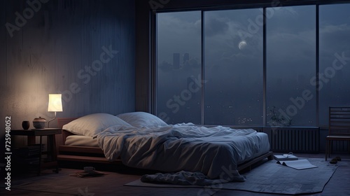 Hotel room at night in the morning. AI generated art illustration.