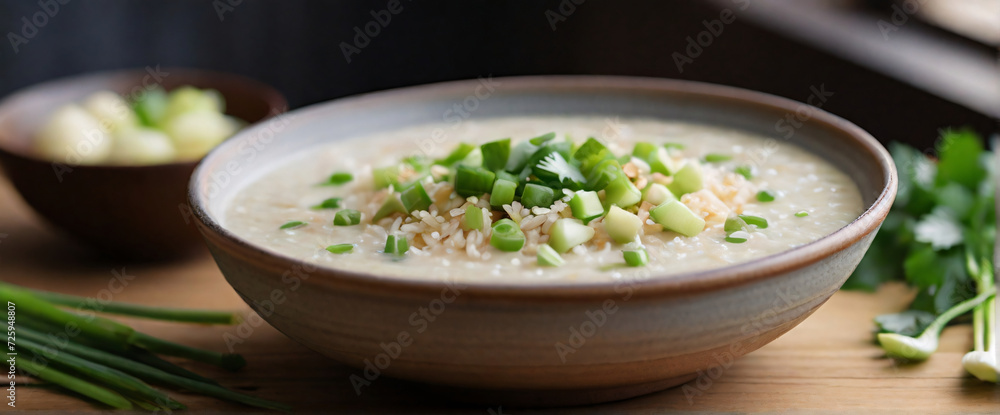 A steaming bowl of rice porridge, placed centrally on a textured, earthenware dish. The porridge is garnished with a sprinkle of chopped spring onions, a few slices of ginger, and a light drizzle A steaming bowl of rice porridge, placed centrally on a textured, earthenware dish. The porridge is garnished with a sprinkle of chopped spring onions, a few slices of ginger, and a light drizzle