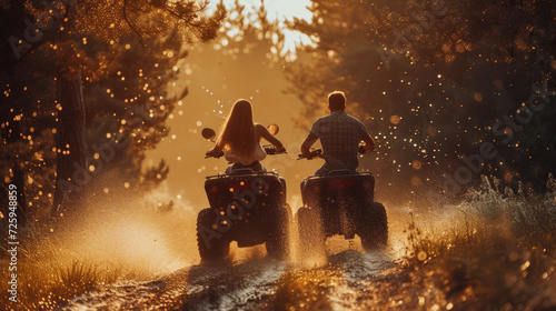 Cheerful young couple on a off road adventure excursion outside. Off-road quad bike