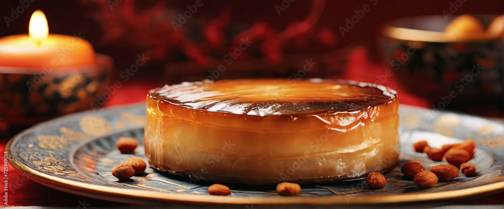 a slice of Nian Gao, pan-fried to a golden brown, placed on a beautiful, traditional Chinese ceramic plate. The plate is set against a background of red and gold fabrics, symbolizing prosperity and go