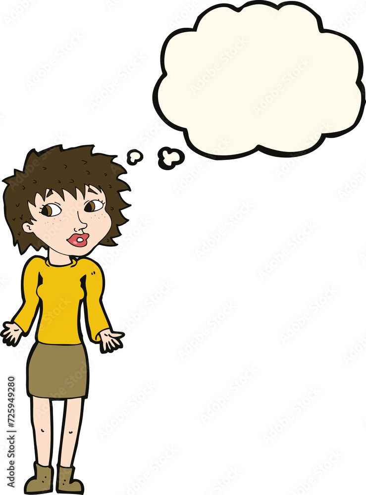 cartoon woman shrugging shoulders with thought bubble cartoon woman shrugging shoulders with thought bubble