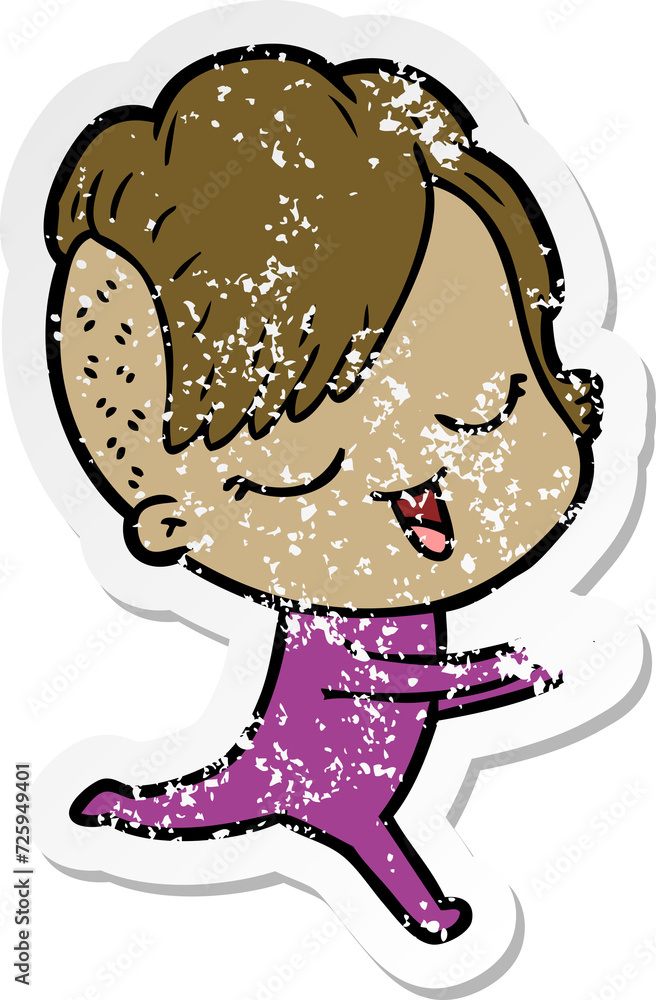 distressed sticker of a happy cartoon girl distressed sticker of a happy cartoon girl