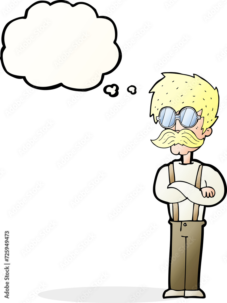 cartoon hipster man with mustache and spectacles with thought bubble cartoon hipster man with mustache and spectacles with thought bubble