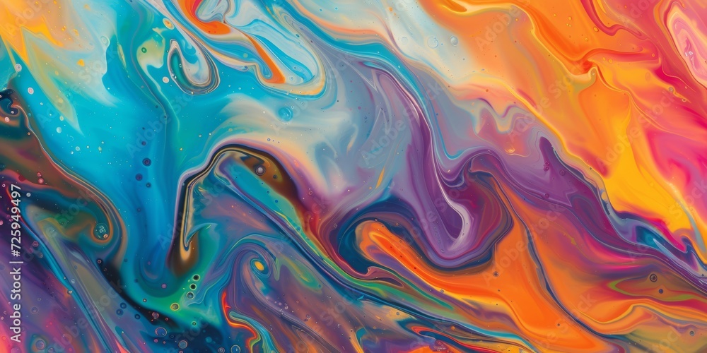 Abstract oil spill, with a glossy sheen, displaying a rainbow of colors in a fluid, organic pattern