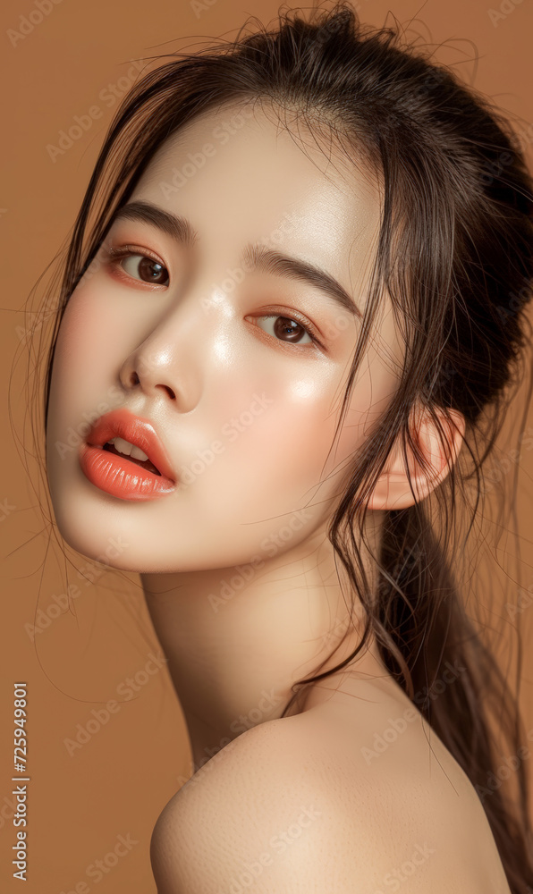 Portrait of Korean woman with perfect smooth skin isolated over brown background, concept of natural beauty, plastic surgery, cosmetology, skin care Portrait of Korean woman with perfect smooth skin isolated over brown background, concept of natural beauty, plastic surgery, cosmetology, skin care