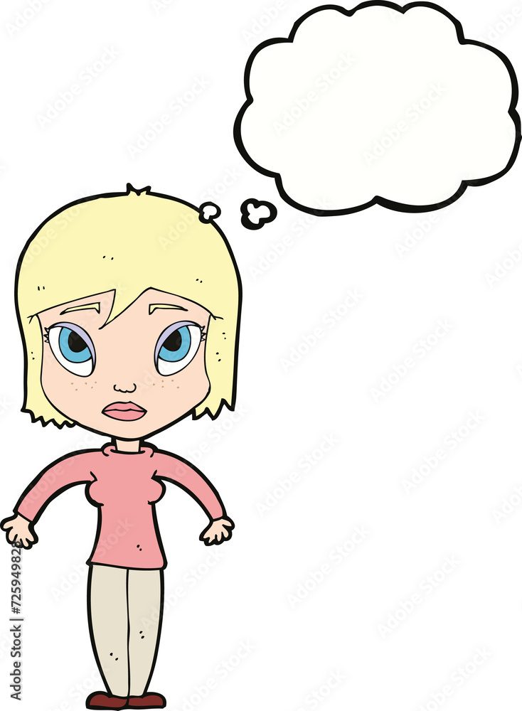 cartoon woman shrugging shoulders with thought bubble cartoon woman shrugging shoulders with thought bubble