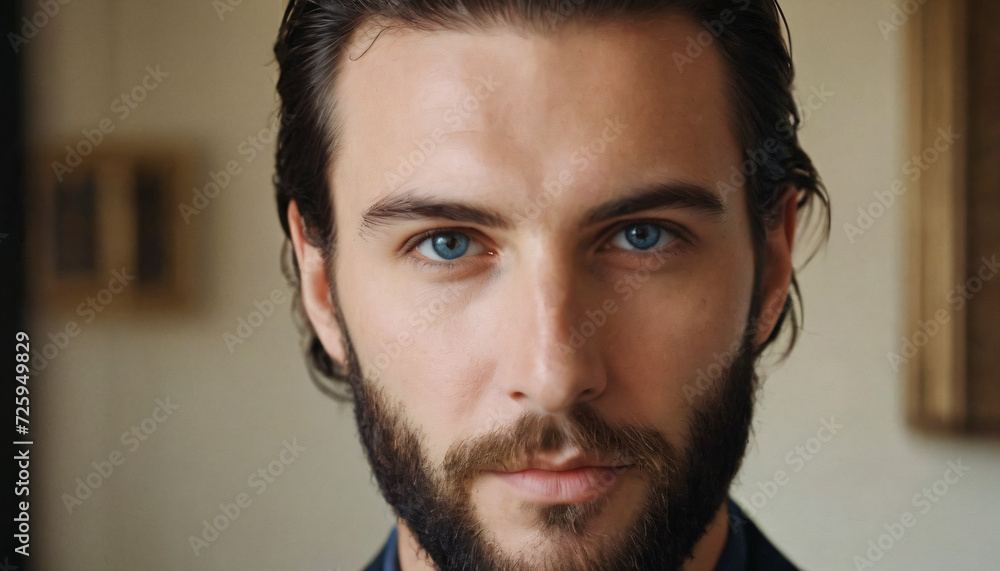 Obraz premium Young Elegant Brunette with Beard and Confident Smile - Headshot Portrait in Soft Light