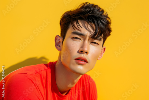 A handsome Chinese model teenage boy with joyful expression and casual style, radiating happiness and youth isolated on yellow background
