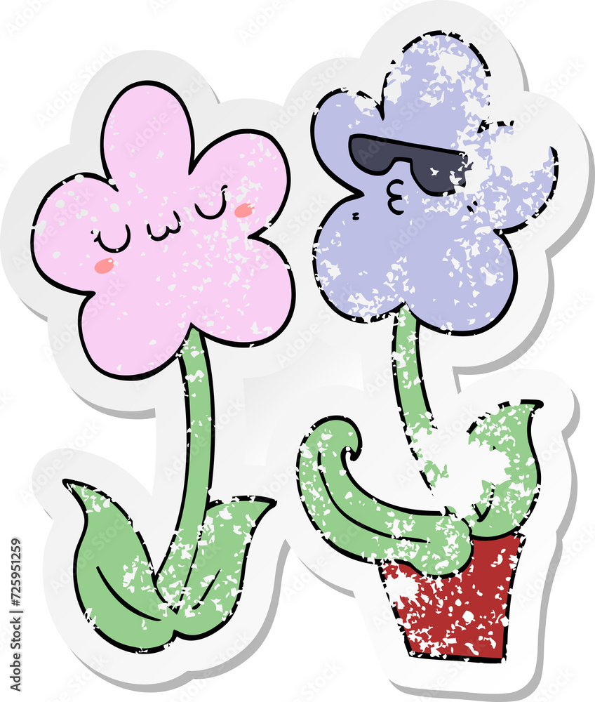distressed sticker of a cute cartoon flower distressed sticker of a cute cartoon flower