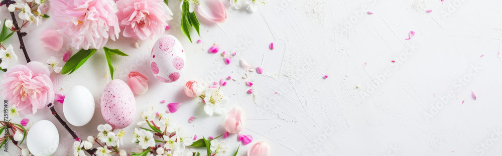 Banner with Easter eggs and spring flowers on a white background. Banner with Easter eggs and spring flowers on a white background.