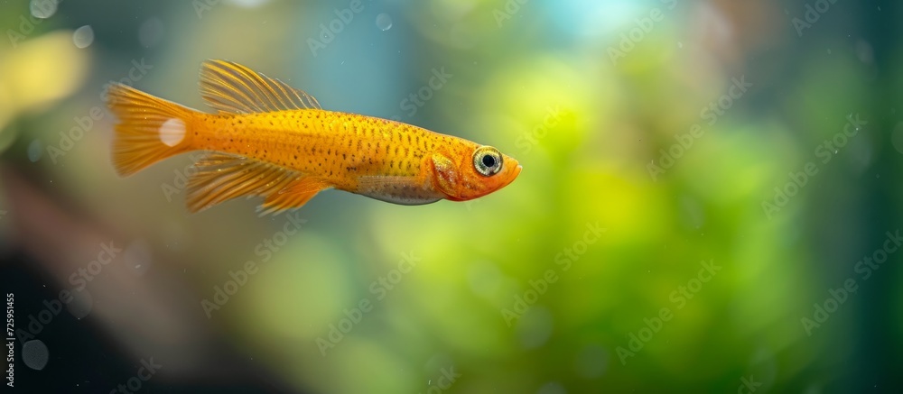 Close up photo of Golden Hikari killifish swimming in a bright aquarium tank with macro lens and natural light.