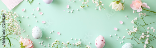Easter background with eggs and flowers on pastel green background. Flat lay, top view.