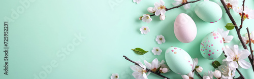 Banner with Easter eggs and spring flowers on pastel green background