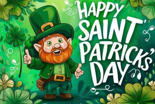 Cartoon leprechaun on 4-leaf clover celebrating Saint Patrick's Day background Generative AI