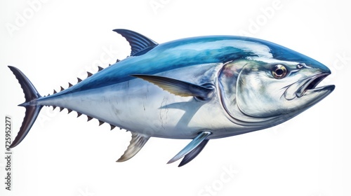 Fresh single tuna isolated closeup. Realistic illustration of tuna on a white background. Tuna dish. Fish shop banner logo. Sale of fish. Tuna print on paper or fabric. Fresh catch, fishing.