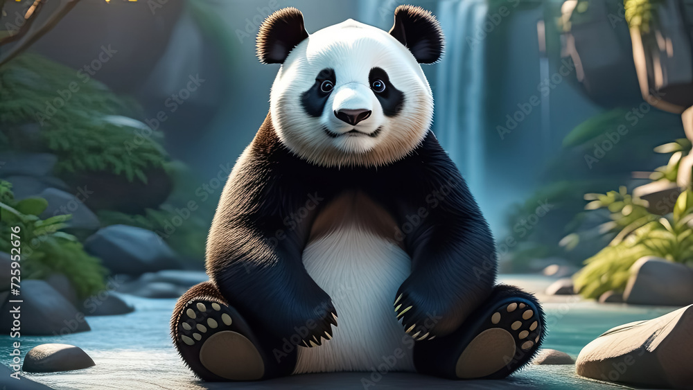 Panda sitting on a rock in a jungle. Cartoon panda. Generative AI Panda sitting on a rock in a jungle. Cartoon panda. Generative AI