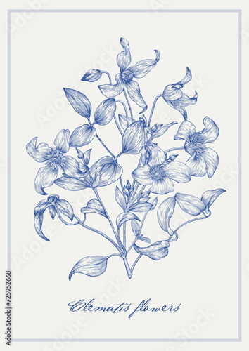 Blue vintage spring bouquet of Clematis flowers on beige background. Floral Vector illustration for design  wedding, greeting card, decor Hand drawn Engraving sketch. Monochrome