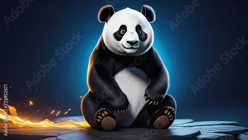 Cute panda sitting on a rock and looking at the fire. Cartoon panda. Generative AI