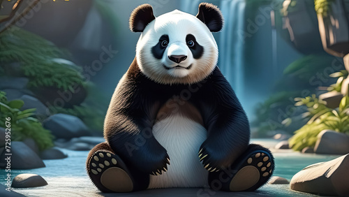 Panda sitting on a rock in a jungle. Cartoon panda. Generative AI