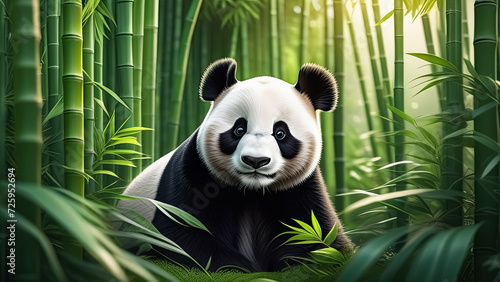 Big panda sitting in bamboo forest. Generative AI
