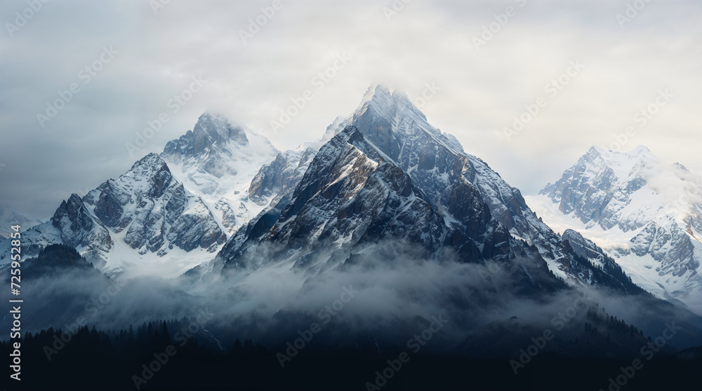 A foggy day in the snow-covered mountains.Beautiful panoramic mountain landscape.