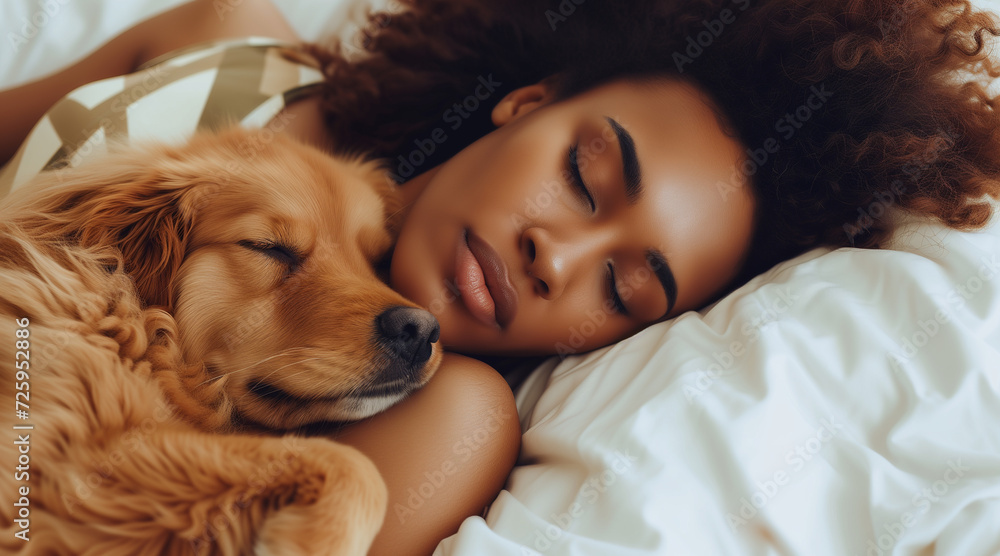 Young woman and dog sleeping together in white bed at home Young woman and dog sleeping together in white bed at home