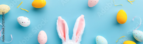 Banner with Easter bunny ears and colorful eggs on blue background. Top view. © Pixelmagic