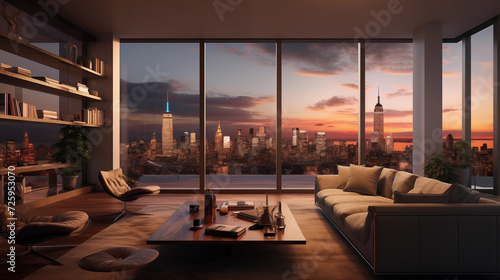 Modern Living Room with Urban Skyline