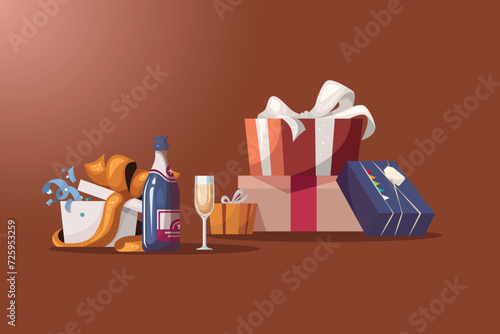 Illustration of festive gifts with a bottle of champagne and a glass next to each other. Concept of a birthday or New Year's celebration and other joint meetings.