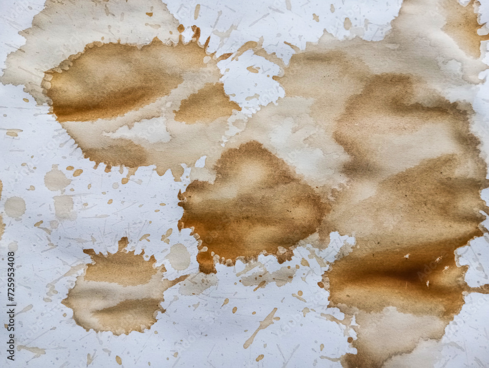 Abstract brown coffee grunge background. Hand made abstract artwork. Abstract brown paint wallpaper. Coffee stains, blobs and drops on white paper. Abstract brown coffee grunge background. Hand made abstract artwork. Abstract brown paint wallpaper. Coffee stains, blobs and drops on white paper.