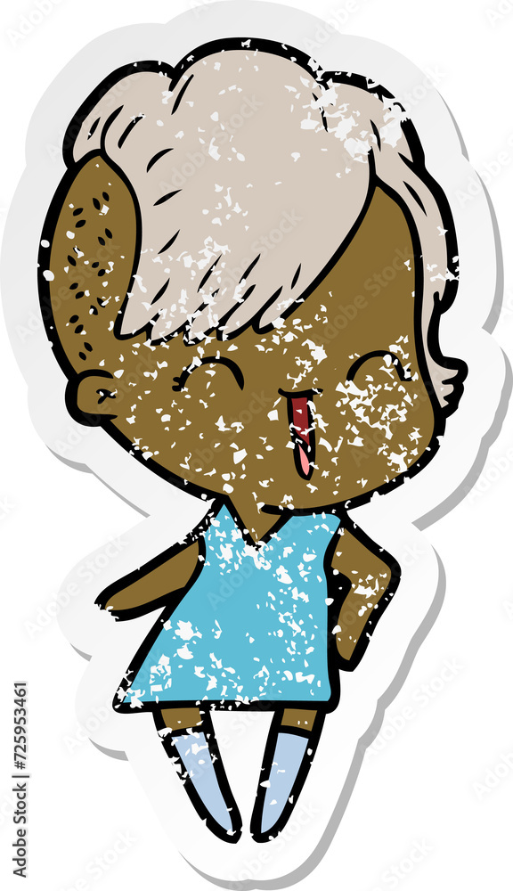 Fototapeta premium distressed sticker of a happy cartoon hipster girl