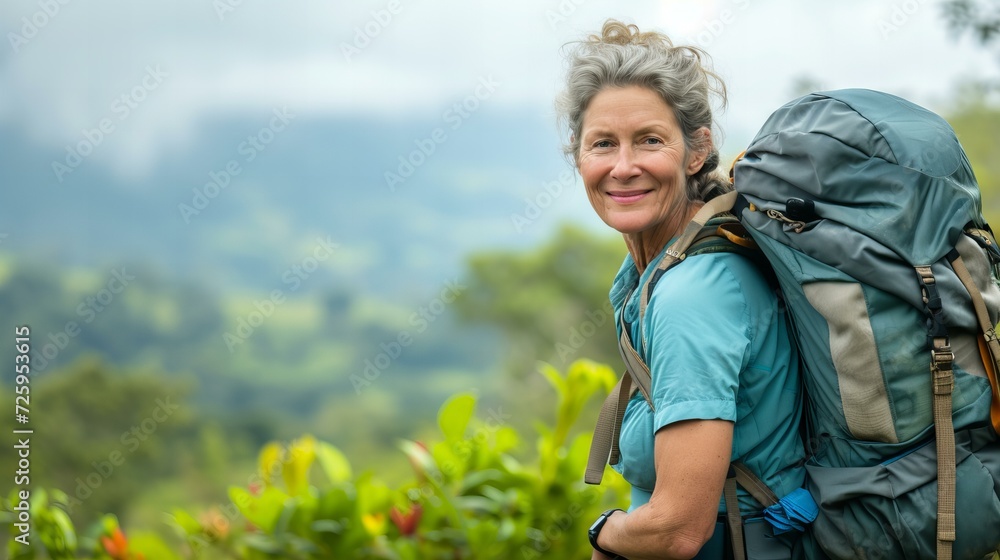 middle aged woman hiking in mountains with backpack middle aged woman hiking in mountains with backpack