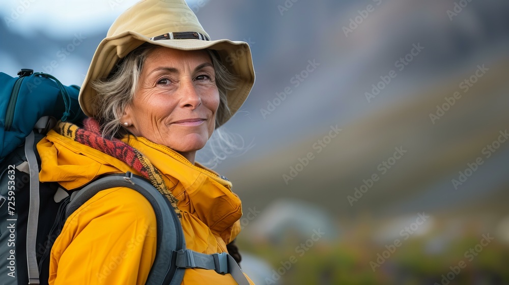 senior woman hiking in mountains with backpack