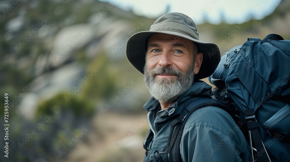 middle aged smiling man hiking in mountains with backpack