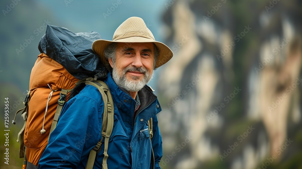 senior smiling man hiking in mountains with backpack senior smiling man hiking in mountains with backpack