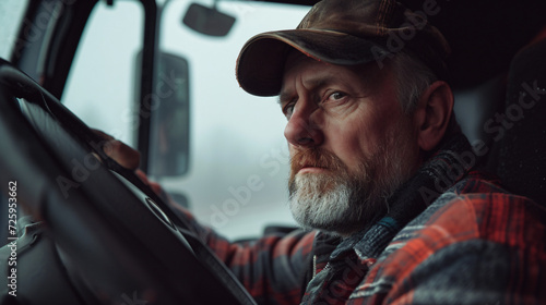 Sad professional truck driver in the cabin.  © beast