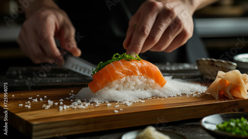 Preparing nigiri sushi, perfectionism, close-up view of hands making sushi