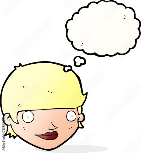 cartoon happy female face with thought bubble