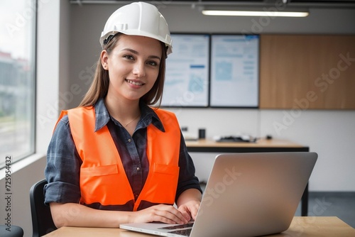 A professional female safety instructor in an office wearing a safety helmet and vest, embodying a corporate environment's commitment to workplace safety and professionalism.