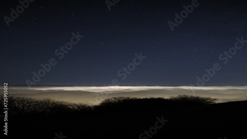 Night time lapse of rolling clouds, stars and airplanes trailing in sky and bushes in foreground. Overcast layer of clouds resembling sea waves captured from above in Alps mountains