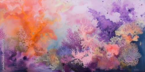 Coral garden dreams, with soft, organic shapes in pinks, oranges, and purples, abstracting the underwater beauty of coral reefs